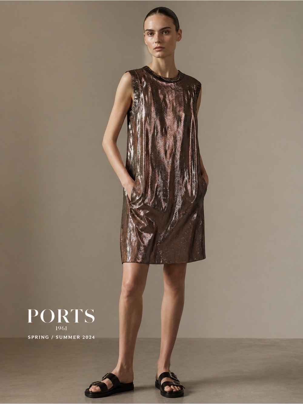 Ports 1961 Metallic Silk Dress Bronze Sleeveless Shift Pockets Minimalist Luxe